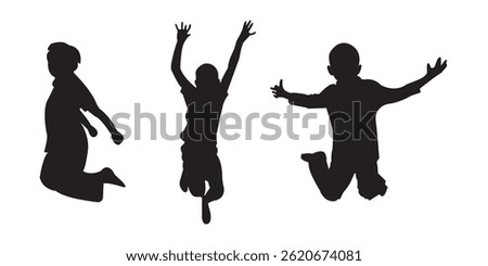 Kids Jumping Silhouette Vector  . Black silhouette of children jumping for joy. Active kids jumping or trampolining, outline elements collection, flat vector isolated on white background. 