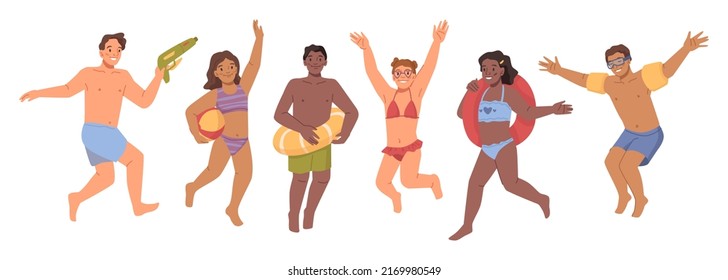 Kids jumping in swimwear set, outdoor party, flat cartoon characters. Boys and girls with inflatable circle on vacation day. Happy active child having fun. Summer resort beach scene vector