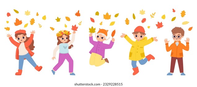 Kids jumping under falling autumn leaves. November season, play and gathering fall leaf. Seasonal happy cartoon children snugly vector characters