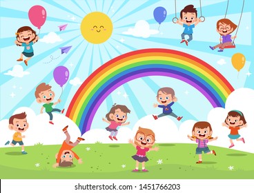 Kids jumping under rainbow colorful cartoon