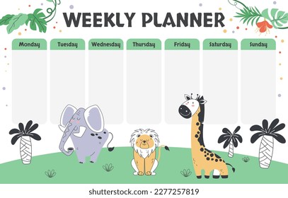 Kids jungle animal planner template school week poster concept. Vector graphic design illustration