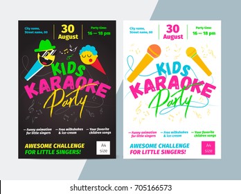 Kids Karaoke Party Flyer With Microphone And Bright Typography. Children Music Or Song Contest Poster Layout Template Design.
