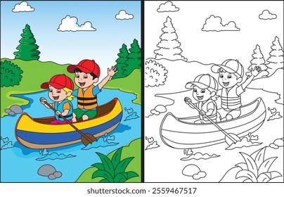 kids Kayaking  coloring page  illustration