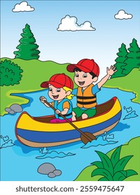 Kids Kayaking in the river vector illustration