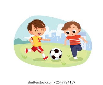 
Crianças chutando bola de futebol. Dois meninos jogando futebol nos arredores da cidade, cidade no campo, gramado. escola academia futebol time copo, torneio infantil. Crianças correndo e chutando bola de futebol.