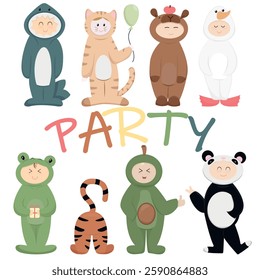 kids in kigurumi pajamas - shark, kitty, capybara, goose, frog, panda, avocado, tiger, cute baby vector illustration in flat style, set of characters