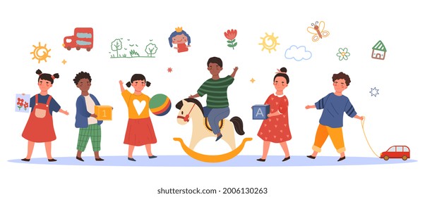 Kids in kindergarten concept. A group of young children play with their favorite toys in a preschool. Happy boys and girls. Cartoon colorful flat vector illustration isolated on a white background