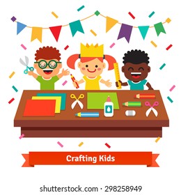 Kids Kindergarten Crafts. Happy And Creative Children Crafting Decorations At The Table From Color Paper With Scissors, Crayons And Glue. Flat Vector Cartoon Illustration Isolated On White Background.