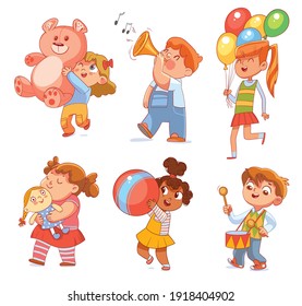 Kids in kindergarten play with their favorite toys. Children playing with toys and musical instruments. Funny cartoon character. Vector illustration. Isolated on white background