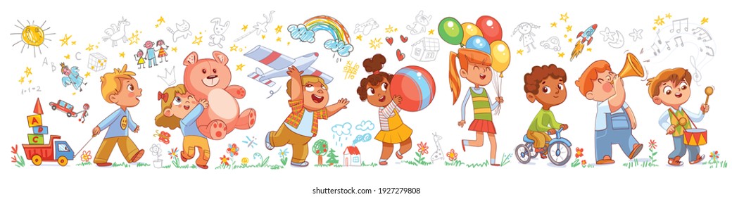 Kids in kindergarten play with their favorite toys against the background of the wall with children drawings. Long banner. Funny cartoon characters. Vector illustration. Isolated on white background