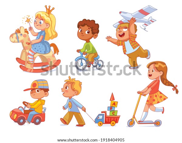 Kids in kindergarten play with their favorite\
toys. Children ride a wooden rocking horse, rides a tricycle, plays\
with an airplane and a toy car. Funny cartoon character. Vector\
illustration. Isolated