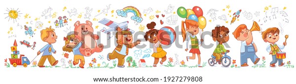 Kids in kindergarten play with their favorite\
toys against the background of the wall with children drawings.\
Long banner. Funny cartoon characters. Vector illustration.\
Isolated on white\
background