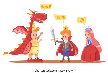 kids king and queen characters design with dragon