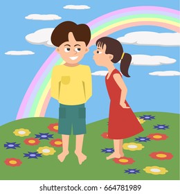 kids kissing with rainbow background vector cartoon