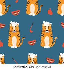 Los niños cocinan un patrón impecable con tigre de dibujos animados y artículos de cocina. Fondo vectorial para el bebé