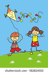 kids and kite, boy and girl on meadow, vector illustration