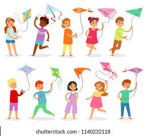 Kids kite vector child character boy or girl playing and childly kiteflying activity illustration set of children with kites game isolated on white background