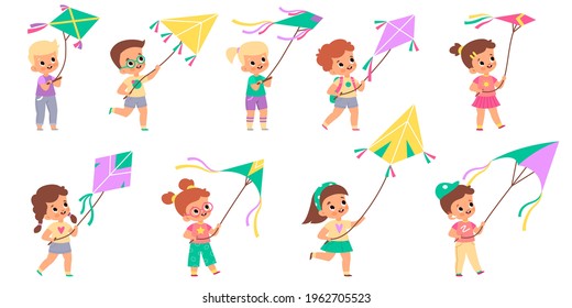 Kids With Kites. Happy Children Fly Color Kite Into Sky Collection, Different Colors Design Shapes, Cute Boys And Girls With Wind Controlled Toys, People Hobbies Vector Cartoon Isolated Set