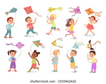 Kids with kites. Happy children play with color kites, different design flying toys, funny boys and girls, outdoor active summer games, vector cartoon flat style isolated