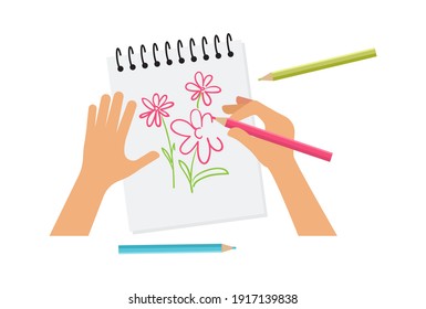Kids lab  Painting workshop  hands hold paint brush  Child drawing in diary sketchbook  hand made postcard vector concept