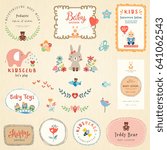 Kids labels and colorful promo signs. Logo collections for children. Hand drawn frames, flowers, bird, baby boy, cartoon elephant, cute rabbit, butterfly, bee, Teddy Bear, toys and typographic design.