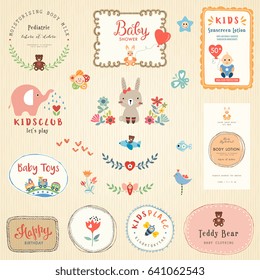 Kids labels   colorful promo signs  Logo collections for children  Hand drawn frames  flowers  bird  baby boy  cartoon elephant  cute rabbit  butterfly  bee  Teddy Bear  toys   typographic design 