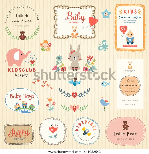 Kids labels and colorful promo signs. Logo\
collections for children. Hand drawn frames, flowers, bird, baby\
boy, cartoon elephant, cute rabbit, butterfly, bee, Teddy Bear,\
toys and typographic\
design.