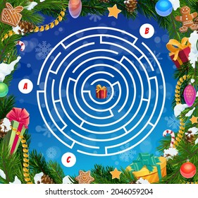 Kids labyrinth game, Christmas maze with holiday decorations and gifts. Children find way playing activity and child search path game. Christmas tree ornaments, present boxes and sweets cartoon vector