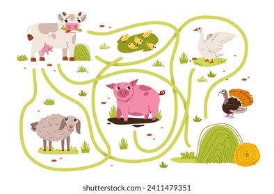 Kids labyrinth game with farm animal characters. Educational maze game for preschool children. Flat vector illustration.

