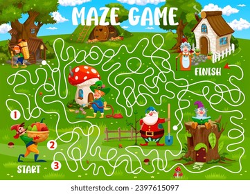 Kids labyrinth maze in cartoon gnomes fairytale village. Labyrinth quiz, find way vector worksheet kids maze or riddle with fairy gnome or dwarf cute personages and forest fantasy houses dwellings