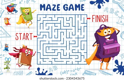 Kids labyrinth maze dibujos animados personajes de superhéroes. Hoja de trabajo de juego de tablero vectorial con portátil, libro de texto, mochila y manzana. Personajes de juego de tablero educativo para delineadores, borradores y tijeras