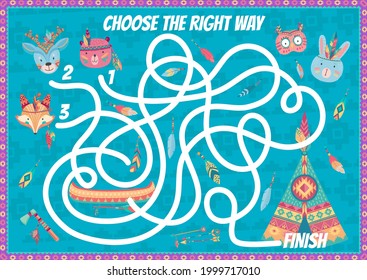 Kids labyrinth maze game, cartoon indian bear, rabbit, fox, owl and deer animals. Vector path rebus with tangled way, Help cute characters reach wigwam. How to find out quiz, finding exit riddle