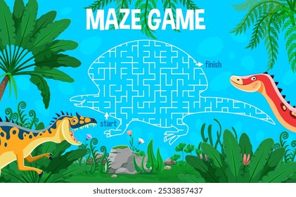 Kids labyrinth maze game with cartoon prehistoric dinosaurs. Neovenator and ouranosaurus characters at dino shaped path with start and finish, surrounded by lush vegetation. Vector playful worksheet