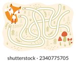 Kids labyrinth maze  game, help cartoon fox to find mushrooms. Game for kids. Vector illustrations