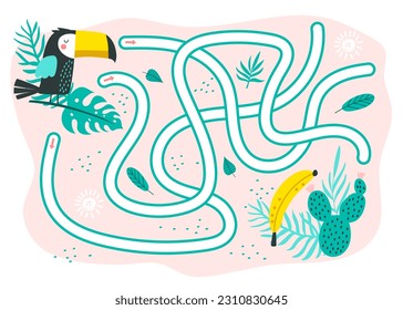 Kids labyrinth maze  game, help cartoon toucan bird to find banana. Game for kids. Vector illustrations