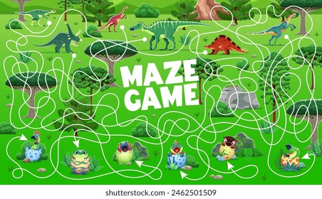 Kids labyrinth maze game, help to dinosaurs find them kids. Cartoon vector colorful children workout with various dino and their offspring eggs in a lush prehistoric jungle landscape with tangled path