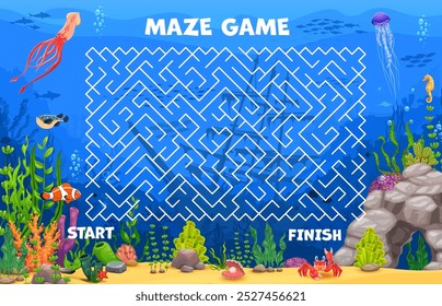 Kids labyrinth maze game, help to clown fish to find her home. Cartoon vector underwater riddle worksheet for kids featuring sea creatures, coral reefs and ocean plants, vibrant marine life and path