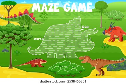 Kinder Labyrinth Labyrinth Spiel, Hilfe zu Dino finden seinen Freund. Vektortraining für Kinder mit Comic lustigen Styracosaurus, Tyrannosaurus Rex, Stegosaurus und Shansisuchus Dinosaurier in prähistorischer Landschaft