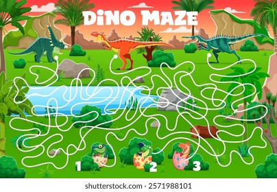 Kids labyrinth maze game, help to dinosaur mothers find their dino babies. Cute prehistoric dinosaur animals puzzle quiz vector worksheet with find right way task, children education activity