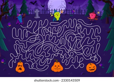 Kids labyrinth maze help to Halloween cartoon berry wizard find a holiday pumpkin lantern on cemetery. Vector board game with honeysuckle, grape and raspberry searching right entrance on tangled path