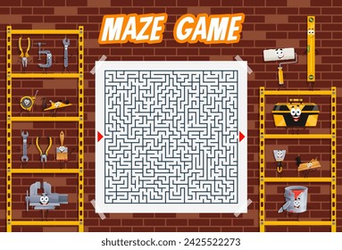 Kids labyrinth maze quiz game, help cartoon DIY and repair tools characters to find friends, vector puzzle worksheet. Funny work tools, wrench, brush and carpentry ruler to find way out from labyrinth