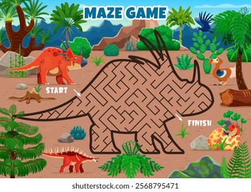 Kids labyrinth maze quiz game with cartoon prehistoric dinosaur characters. Jurassic dinos education puzzle vector worksheet with labyrinth maze in shape of styracosaurus dinosaur reptile