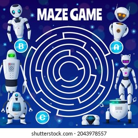 Kids labyrinth maze with robots and .droids, vector board game. Find way maze labyrinth or escape puzzle riddle with cartoon .droid robots, chatbot cyborgs and drone quadcopters