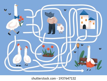 Kids labyrinth puzzle with cute animals. Maze game with paths. Childish educational logical trail for children's learning. Colored flat vector illustration of map with roads for printing