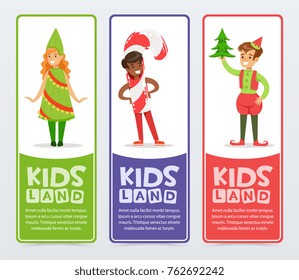 Kids land banners set, cute boys and girls in costumes for Christmas  flat vector elements for website or mobile app