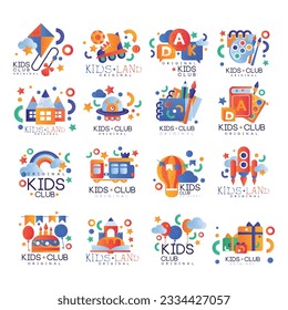 Kids Land and Club Logo Original Colorful Design with Bright Objects Vector Set