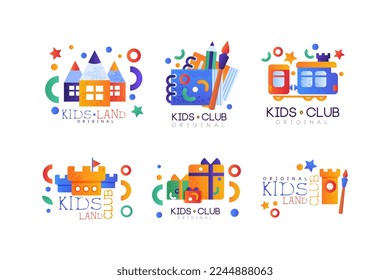 Diseño del logotipo original de Kids Land and Club para jardines de infancia, juegos y vectores de área de juegos