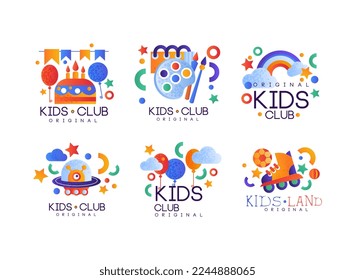 Kids Land and Club Original Logo Design for Kindergarten, Playground and Game Area Vector Set