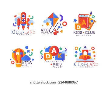 Kinderland und Club Originales Logo-Design für Kindergarten, Spielplatz und Spielegebiet-Vektorset