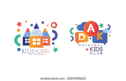 Kids Land Original Logo Design Set, Kindergarten, Playground, Game Area, Party for Children Bright Badges Flat Vector Illustration